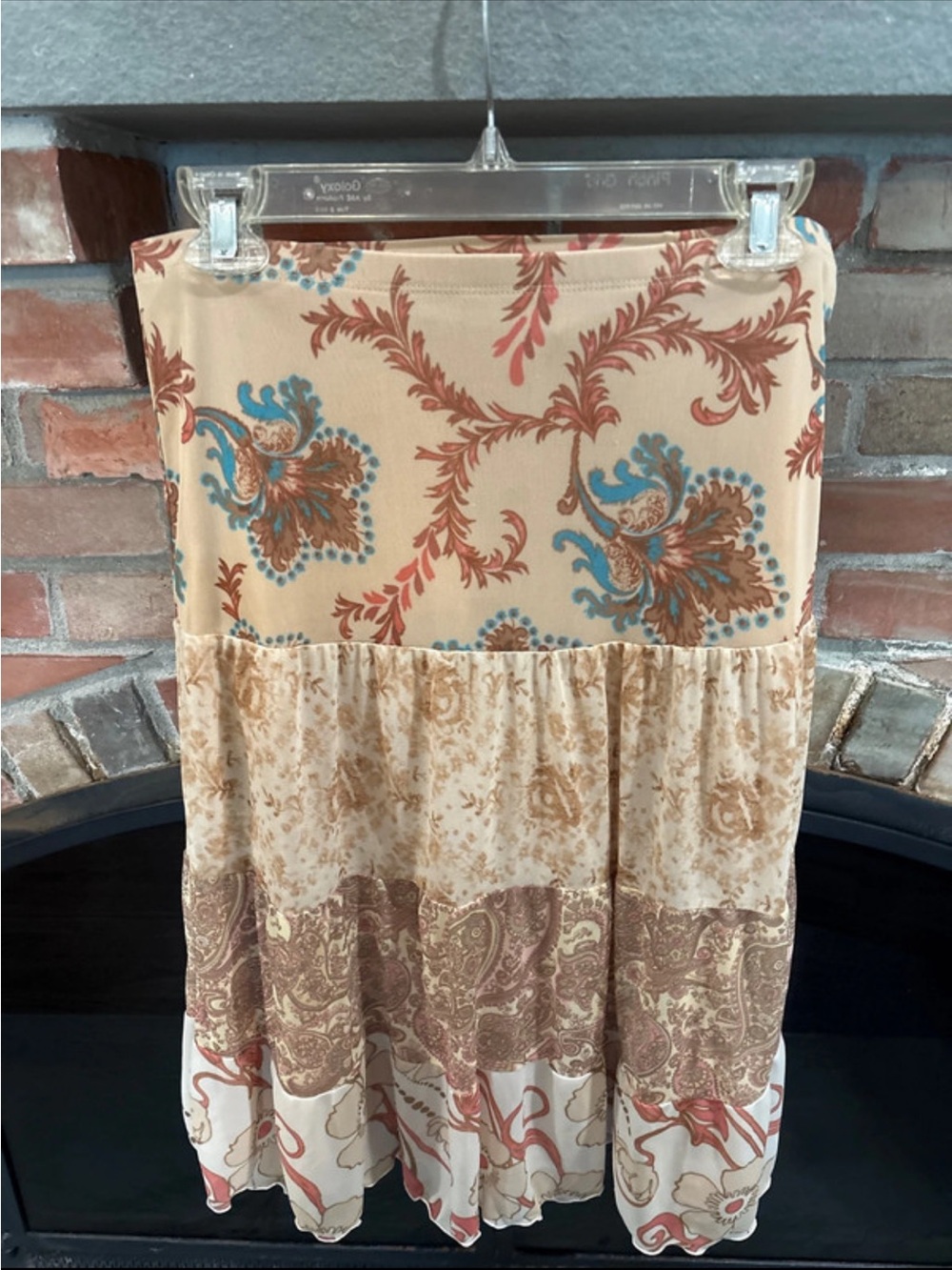 Express Beige Paisley Midi Skirt with Teal and Rust Accents
